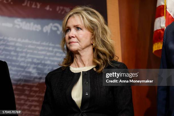 Sen. Marsha Blackburn listens during a press conference on border security at the U.S. Capitol Building on September 27, 2023 in Washington, DC....