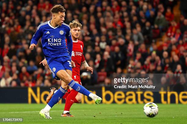 Kasey McAteer of Leicester City scores the team's first goal during the Carabao Cup Third Round match between Liverpool and Leicester City at Anfield...