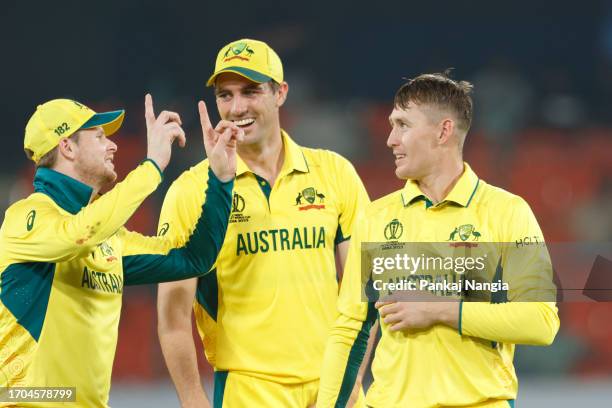 Marnus Labuschagne of Australia celebrates the wicket of Shadab Khan of Pakistan during the ICC Men's Cricket World Cup India 2023 warm up match...