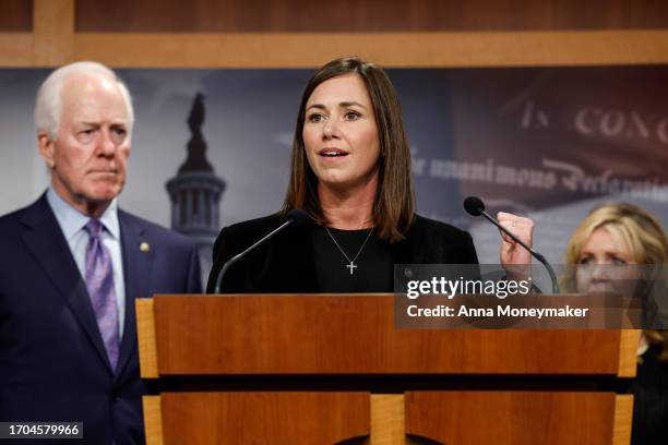 Sen. Katie Britt speaks during a news conference on border security at the U.S. Capitol Building on September 27, 2023 in Washington, DC. Senate...