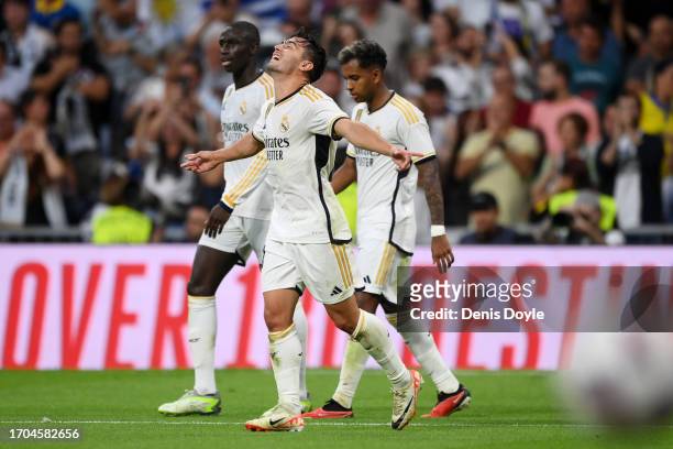 Brahim Diaz of Real Madrid celebrates after scoring their sides first goal during the LaLiga EA Sports match between Real Madrid CF and UD Las Palmas...