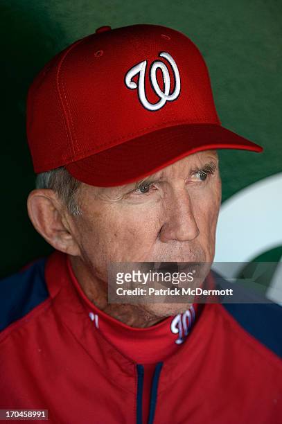 Manager Davey Johnson of the Washington Nationals speaks to members of the media before a game against the Minnesota Twins at Nationals Park on June...