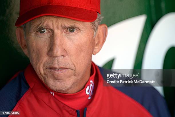 Manager Davey Johnson of the Washington Nationals speaks to members of the media before a game against the Minnesota Twins at Nationals Park on June...