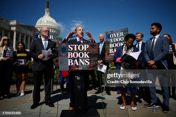Rep. Jamie Raskin speaks during a news conference with Rep. Jim McGovern , Rep. Shelia Jackson Lee , Rep. Maxwell Frost and advocates for librarians,...