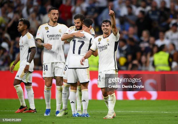 Brahim Diaz of Real Madrid celebrates after scoring their sides first goal during the LaLiga EA Sports match between Real Madrid CF and UD Las Palmas...