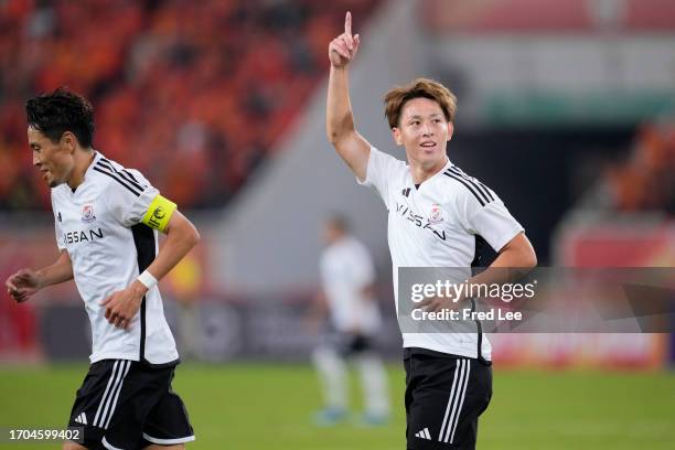 Asahi Uenaka of Yokohama F.Marinos celebrates his goal during during the AFC Champions League Group G match between Shandong Taishan and Yokohama...