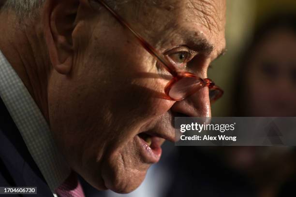 Senate Majority Leader Chuck Schumer speaks to members of the press during a news briefing after a weekly Senate Democratic policy luncheon at the...