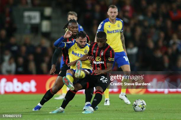 Mehdi Leris of Stoke City clashes with Hamed Junior Traore of AFC Bournemouth during the Carabao Cup Third Round match between AFC Bournemouth and...