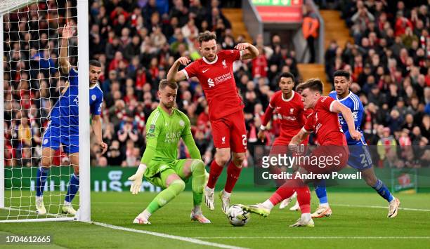 Ben Doak of Liverpool comes close to scoring during the Carabao Cup Third Round match between Liverpool and Leicester City at Anfield on September...