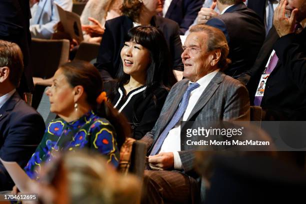 Former German Chancellor Gerhard Schroeder and his wife Schroeder-Kim So-yeon are seen prior to a ceremony in Hamburgs Elbphilharmonie opera house as...