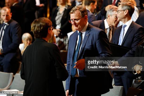 Germany's Social Democratic SPD party co-leader, Saskia Esken and Thuringia's State Premier Bodo Ramelow are seen prior to a ceremony in Hamburgs...