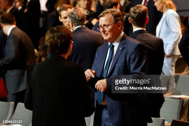 Germany's Social Democratic SPD party co-leader, Saskia Esken and Thuringia's State Premier Bodo Ramelow are seen prior to a ceremony in Hamburgs...