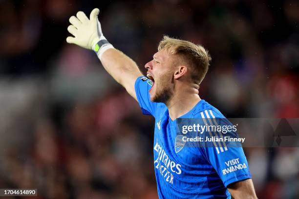 Aaron Ramsdale of Arsenal reacts during the Carabao Cup Third Round match between Brentford and Arsenal at Gtech Community Stadium on September 27,...