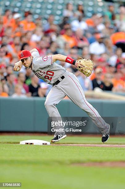 Brendan Harris of the Los Angeles Angels of Anaheim throws the ball to first base against the Baltimore Orioles at Oriole Park at Camden Yards on...