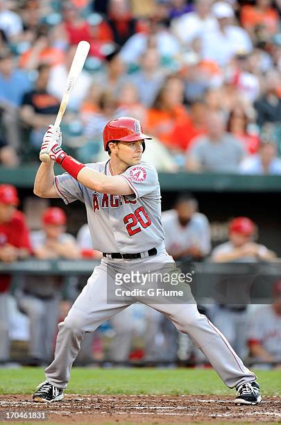 Brendan Harris of the Los Angeles Angels of Anaheim bats against the Baltimore Orioles at Oriole Park at Camden Yards on June 11, 2013 in Baltimore,...
