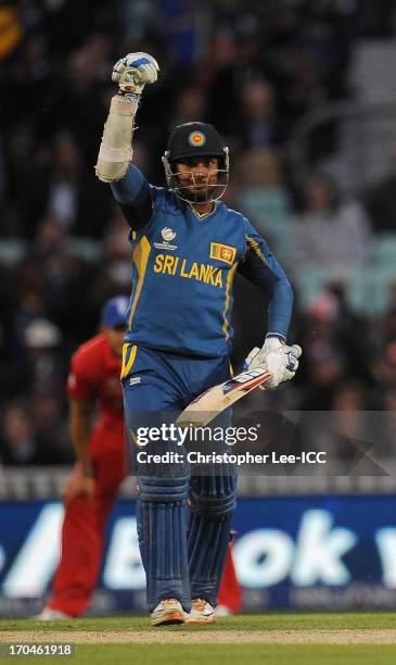 Kumar Sangakkara of Sri Lanka celebrates their victory during the ICC Champions Trophy Group A match between England and Sri Lanka at The Oval on...