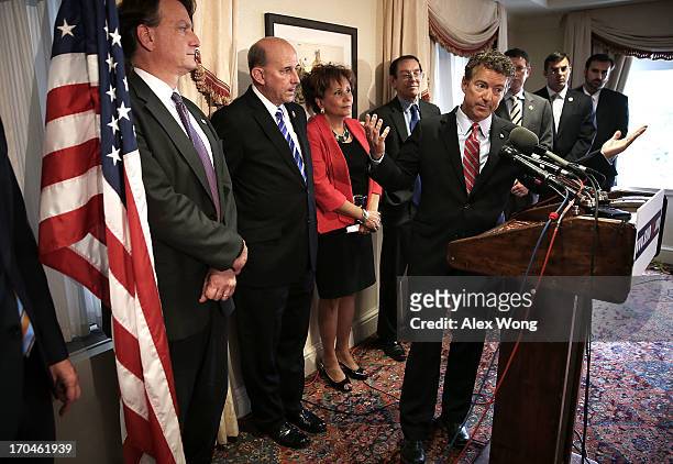 Sen. Rand Paul speaks as Electronic Privacy Information Center Executive Director Marc Rotenberg, Rep. Louie Gohmert , Laura Murphy of ACLU, Bruce...