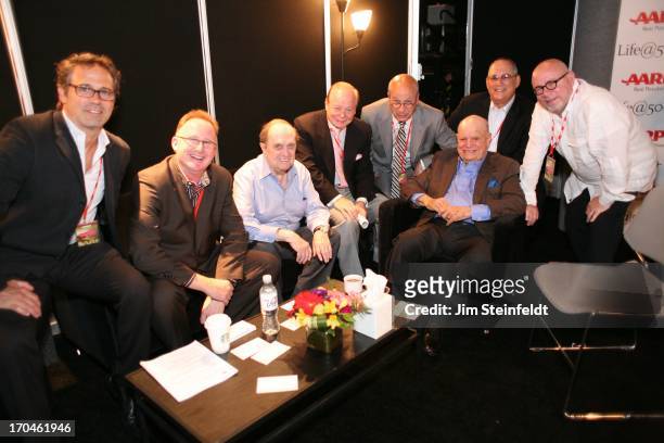 Bob Newhart and Don Rickles pose with their managers, agents, and publicists Joseph Bongiovi, Chris Burke, Bob Newhart, Tony O, Paul Shefrin, Don...