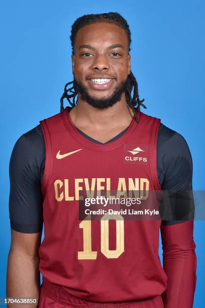 Darius Garland of the Cleveland Cavaliers poses for a head shot during 2023-24 NBA Media Day on October 2, 2023 in Cleveland, Ohio at the Rocket...