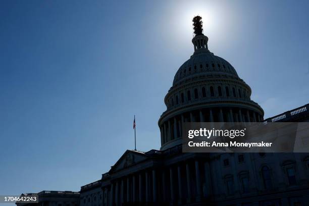 Scaffolding covers the Statue of Freedom atop the U.S. Capitol dome on September 27, 2023 in Washington, DC. House Speaker Kevin McCarthy continues...