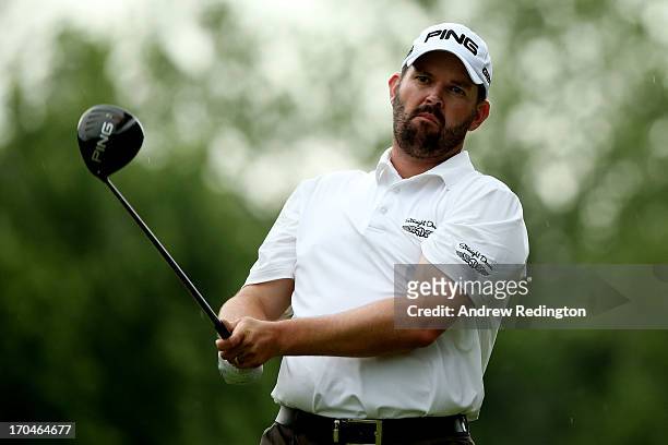 Edward Loar of the United States hits his tee shot on the second hole during Round One of the 113th U.S. Open at Merion Golf Club on June 13, 2013 in...