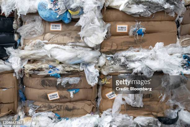 Recycling bundles at the Trex manufacturing facility in Winchester, Virginia, US, on Wednesday, June 7, 2023. Trex Co. Turns plastic from drop-off...