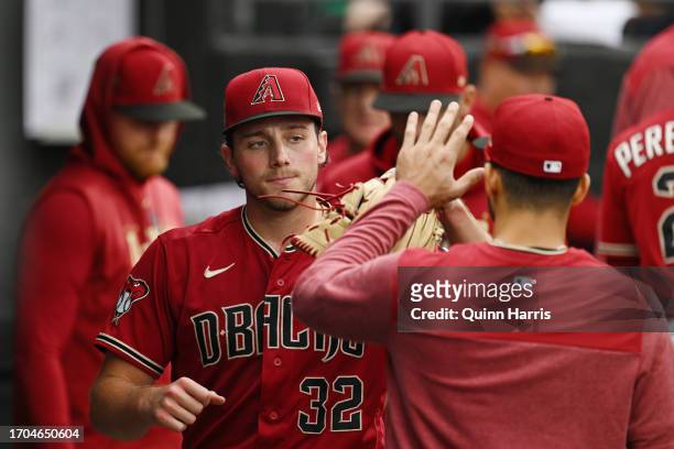 Brandon Pfaadt of the Arizona Diamondbacks celebrates in the dugout after being relieved in the sixth inning against the Chicago White Sox at...
