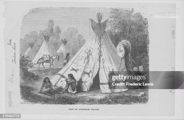 Engraving of a camp of Comanche Indians, a Native American tribe of Texas Plains Indians, circa 1840-1875. By Jules Duvaux. (Photo by