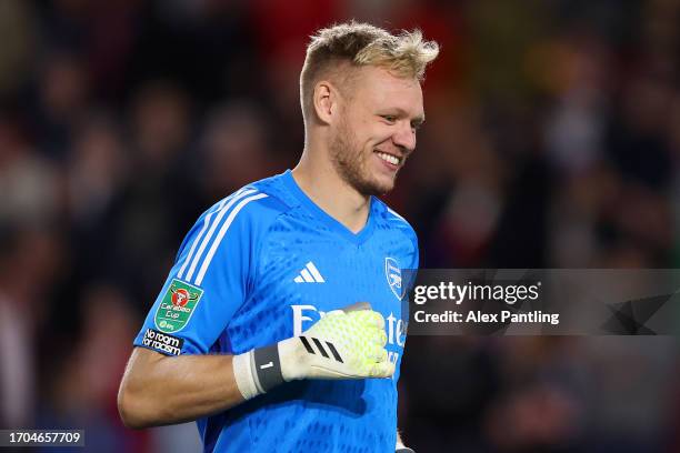 Aaron Ramsdale of Arsenal reacts during the Carabao Cup Third Round match between Brentford and Arsenal at Gtech Community Stadium on September 27,...