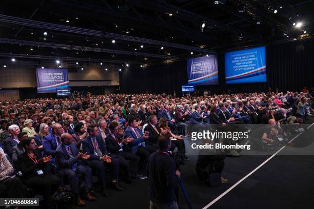 Attendees during a speech by Suella Braverman, UK home secretary, on the day three of the UK Conservative Party Conference in Manchester, UK, on...