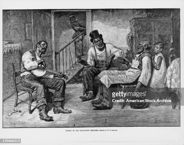 Engraving of elderly negro men playing 'Echoes of old plantation melodies' on a banjo and singing along.