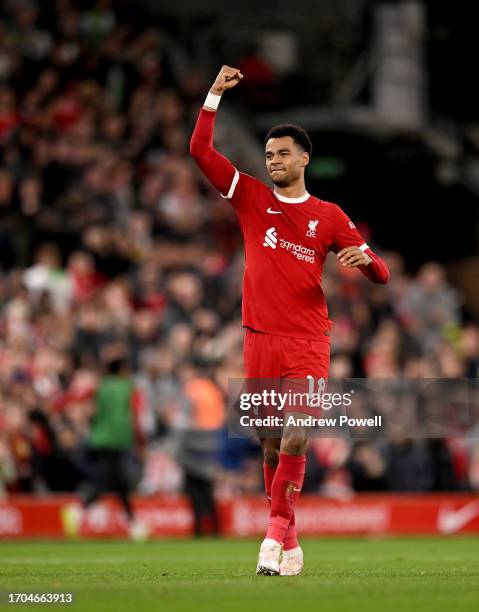 Cody Gakpo of Liverpool celebrating after scoring the equalising goal during the Carabao Cup Third Round match between Liverpool and Leicester City...