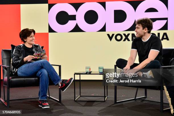 Kara Swisher, Editor-at-Large, New York Magazine and Jon Lovett, Co-founder, Crooked Media speak onstage during Vox Media's 2023 Code Conference at...