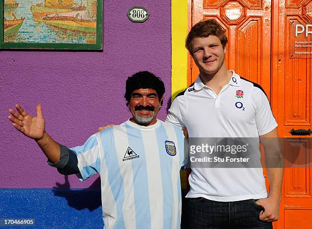 England player Joe Launchbury pictured with a Maradona look-a-like in the Caminito area of La Boca on June 13, 2013 in Buenos Aires, Argentina.