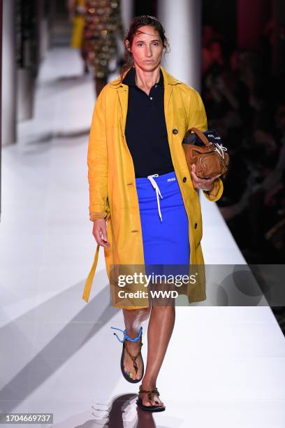 Model on the runway at Miu Miu Ready To Wear Spring 2024 held at Palais d'Iéna on October 3, 2023 in Paris, France.