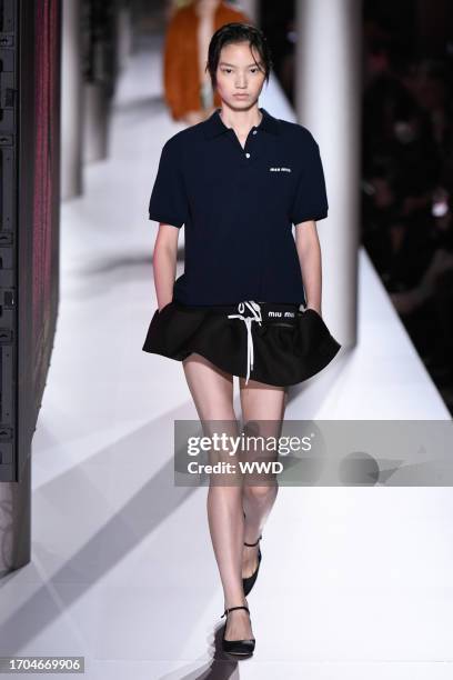 Model on the runway at Miu Miu Ready To Wear Spring 2024 held at Palais d'Iéna on October 3, 2023 in Paris, France.