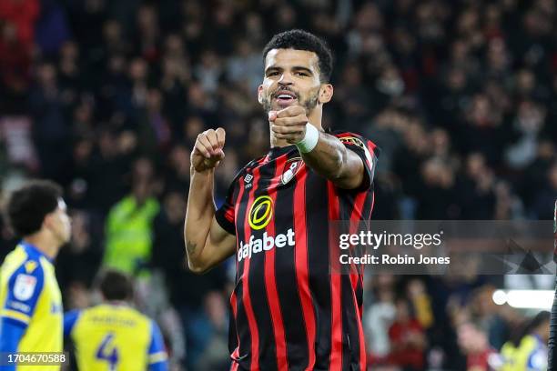 Dominic Solanke of Bournemouth celebrates after he scores a goal to make it 1-0 during the Carabao Cup Third Round match between AFC Bournemouth and...
