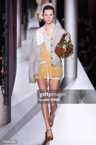 Model on the runway at Miu Miu Ready To Wear Spring 2024 held at Palais d'Iéna on October 3, 2023 in Paris, France.