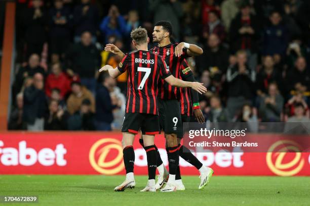 Dominic Solanke of AFC Bournemouth celebrates with teammates after scoring the team's first goal during the Carabao Cup Third Round match between AFC...