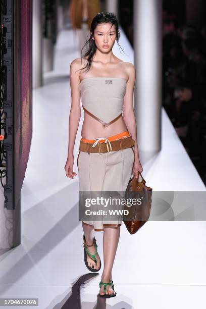 Model on the runway at Miu Miu Ready To Wear Spring 2024 held at Palais d'Iéna on October 3, 2023 in Paris, France.