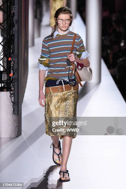 Model on the runway at Miu Miu Ready To Wear Spring 2024 held at Palais d'Iéna on October 3, 2023 in Paris, France.