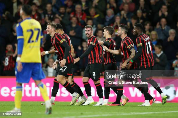 Joe Rothwell of AFC Bournemouth celebrates after scoring the team's second goal during the Carabao Cup Third Round match between AFC Bournemouth and...