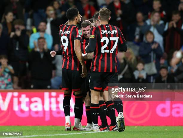Joe Rothwell of AFC Bournemouth celebrates with teammates after scoring the team's second goal from a free kick during the Carabao Cup Third Round...