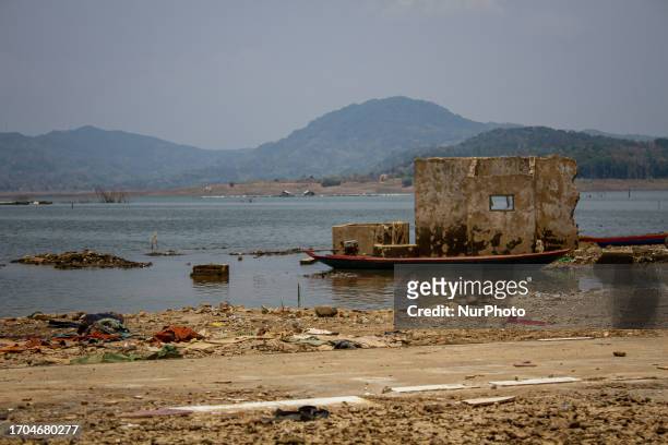 The ruins seen at the shores Jatigede Reservoir during dry season on October 3, 2023 in Darmaraja, Sumedang Regency, West Java. Almost three months,...
