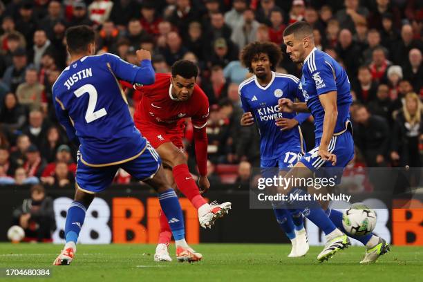 Cody Gakpo of Liverpool scores the team's first goal during the Carabao Cup Third Round match between Liverpool and Leicester City at Anfield on...