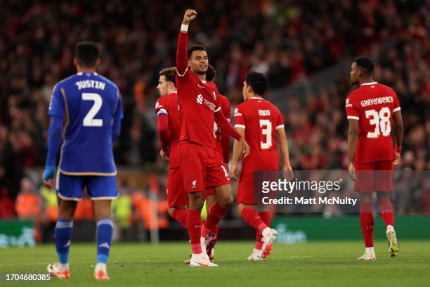Cody Gakpo of Liverpool celebrates after scoring the team's first goal during the Carabao Cup Third Round match between Liverpool and Leicester City...