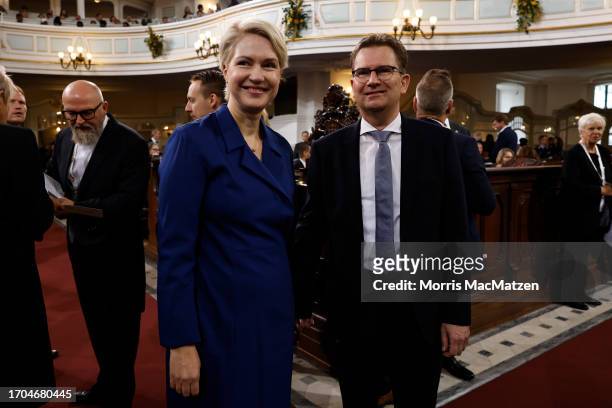 Mecklenburg Western Pomerania State Premier Manuela Schwesig and her husband Stefan Schwesig attend a religious service at St. Michaelis church prior...
