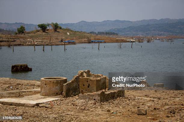 The ruins seen at the shores Jatigede Reservoir during dry season on October 3, 2023 in Darmaraja, Sumedang Regency, West Java. Almost three months,...