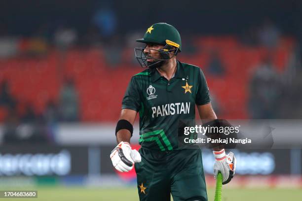 Iftikhar Ahmed of Pakistan makes their way off after being dismissed during the ICC Men's Cricket World Cup India 2023 warm up match between Pakistan...