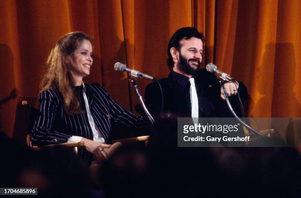 View of American actress Barbara Bach and British musician Ringo Starr during the recording of an episode of the Robert Klein Radio Hour at RCA...
